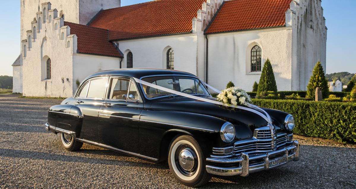 Sort veteranbil pyntet med hvide bånd foran kirke til bryllup