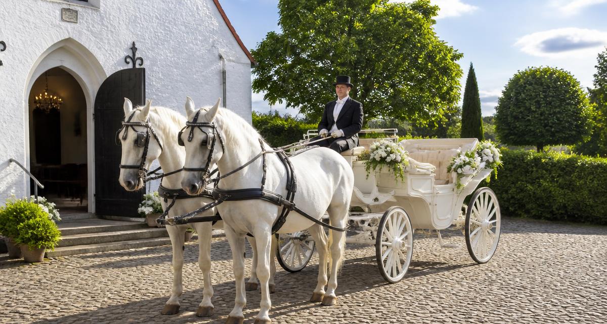 Hvid hestevogn med to heste til bryllup